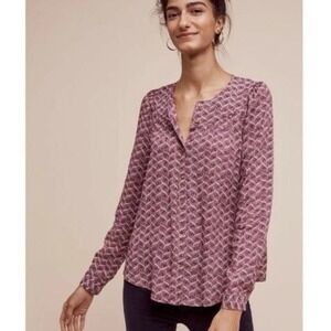 Anthropologie Maeve Orli Bibbed Top Button Pleated Peasant Burgundy Boho Small